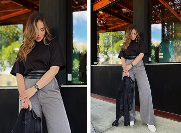 calça cinza e marrom look