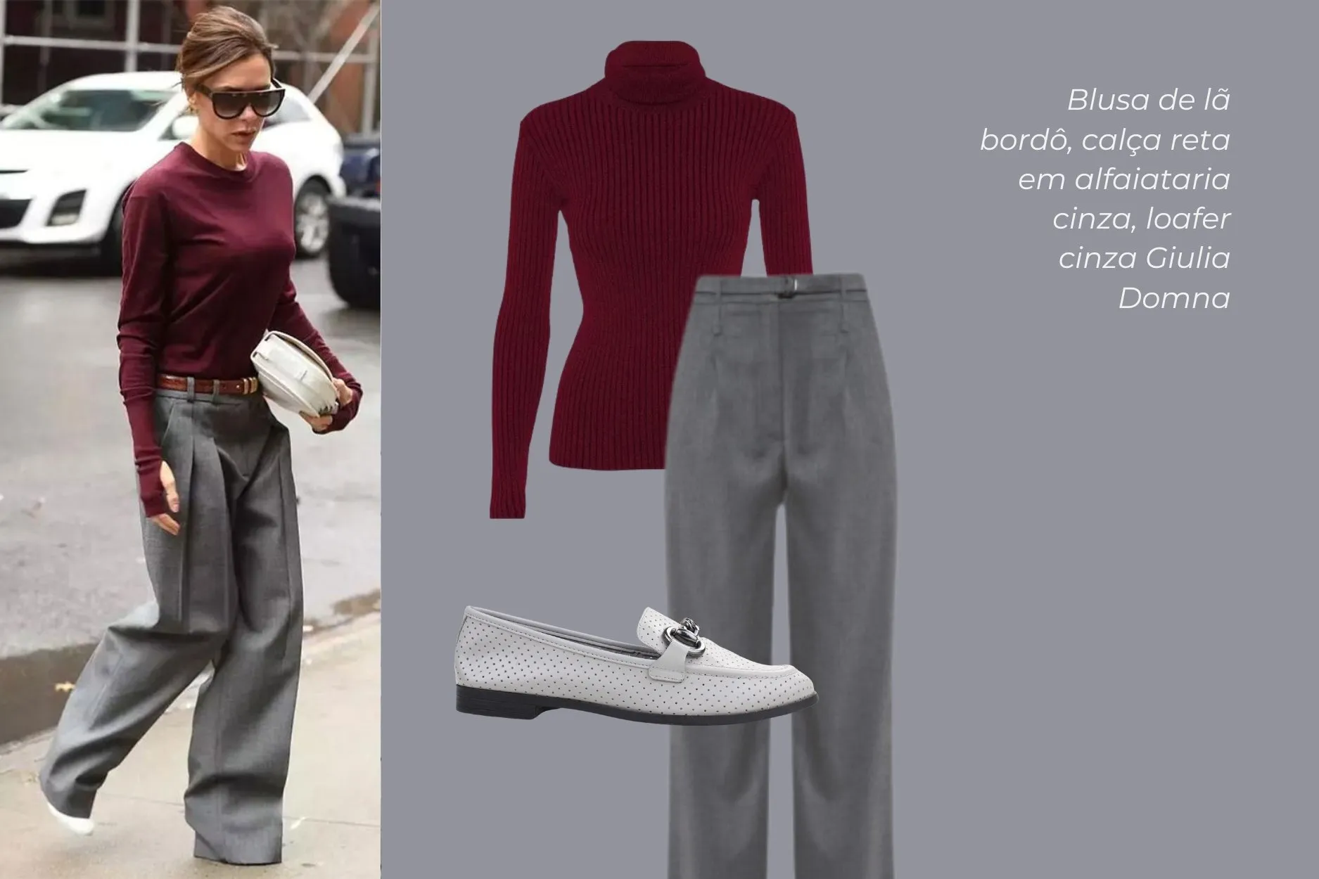 calça cinza e vinho look