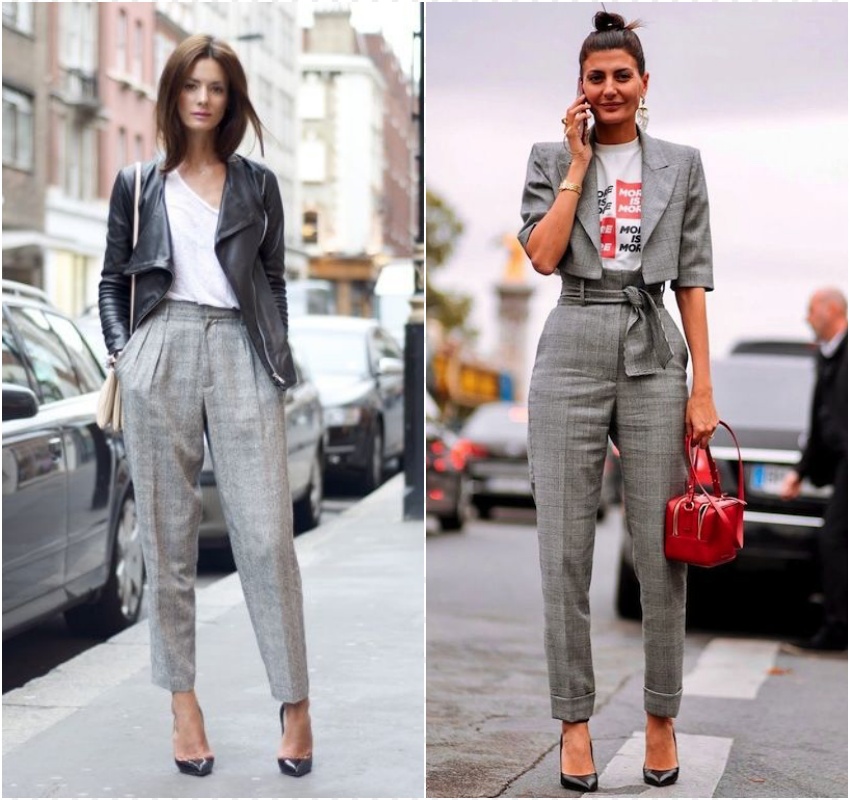 calça cinza com blusa colorida