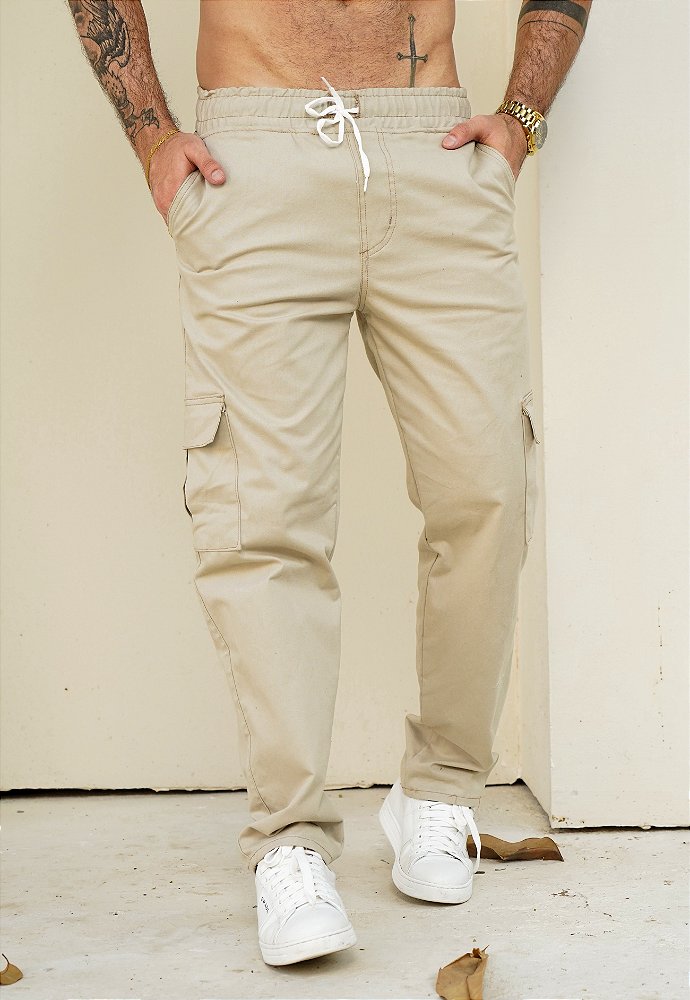 calça bege masculina casual
