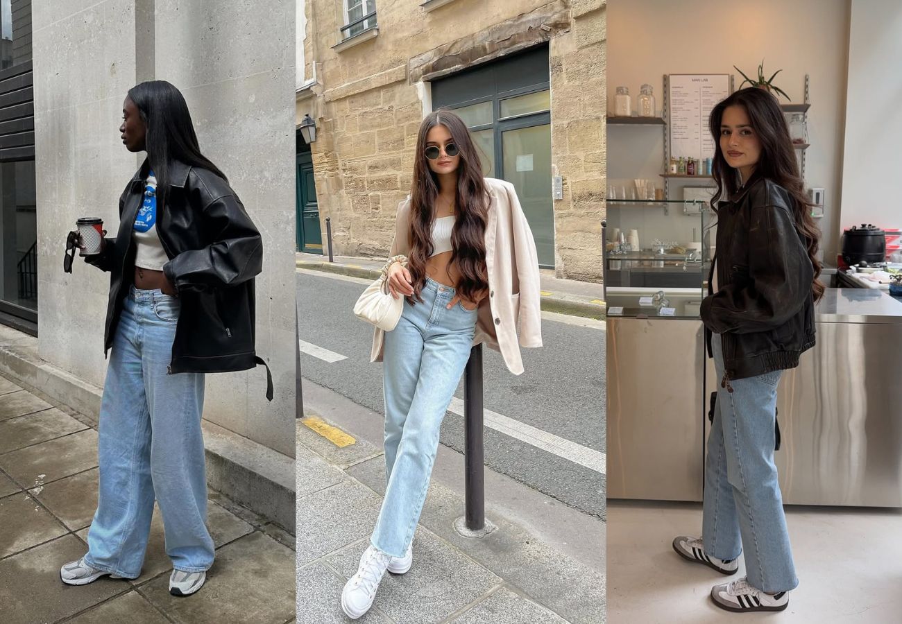 calça jeans clara e tênis para trabalho casual
