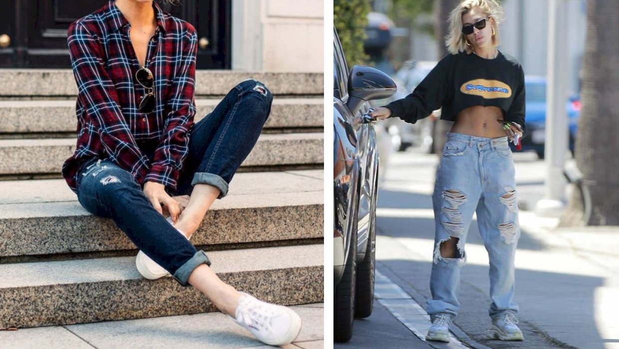 calça jeans clara com tênis colorido