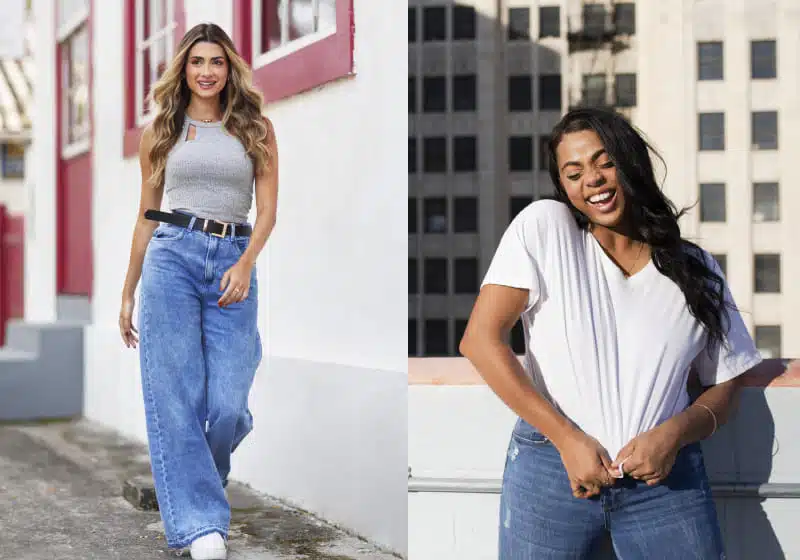 calça jeans clara reta com tênis