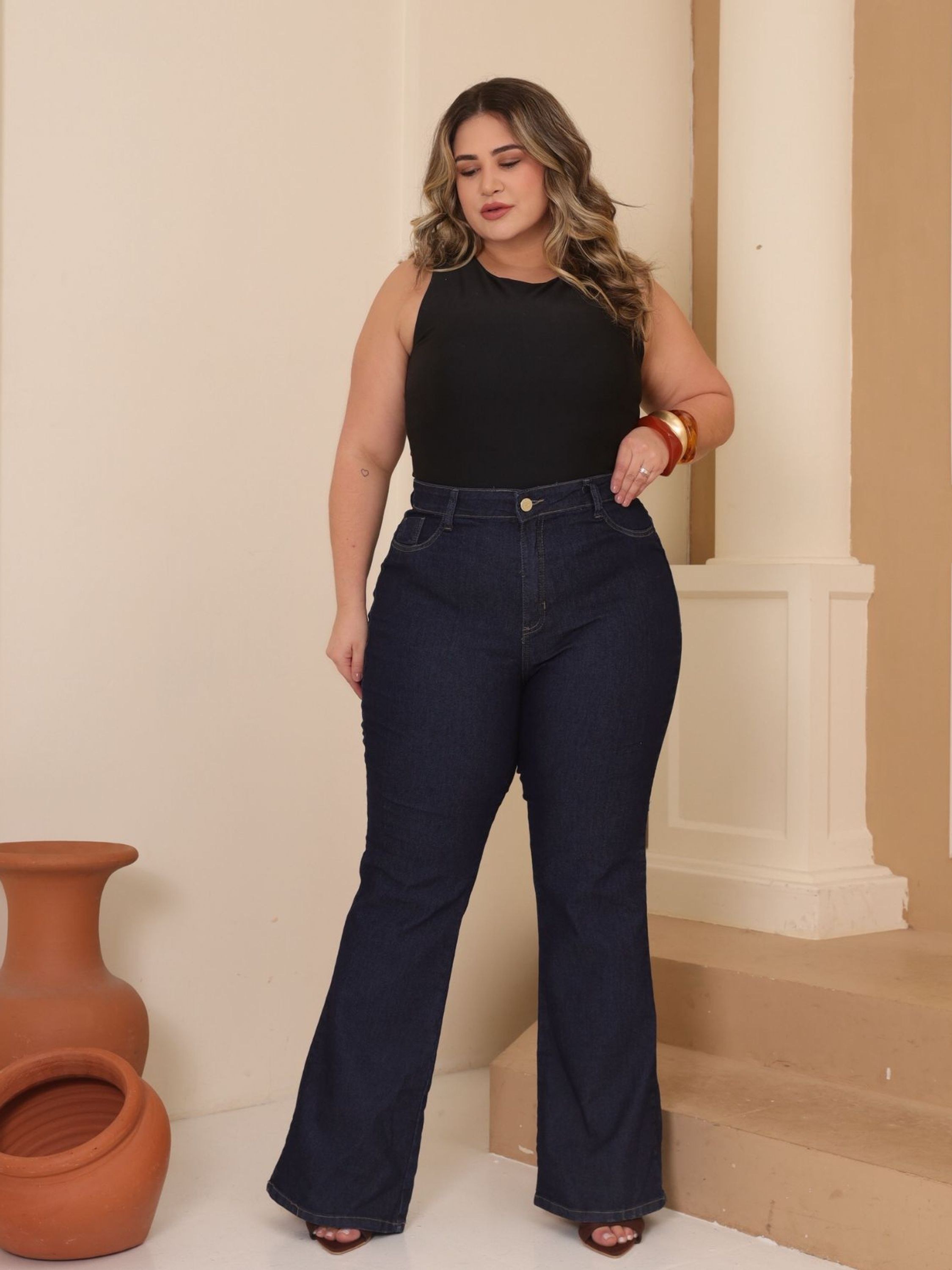 looks calça flare jeans trabalho