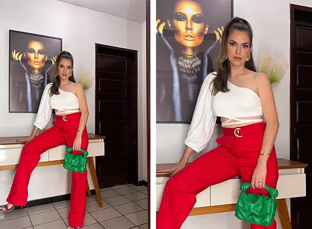 combinação calça vermelha flare