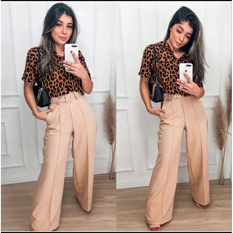 look calça pantalona bege trabalho