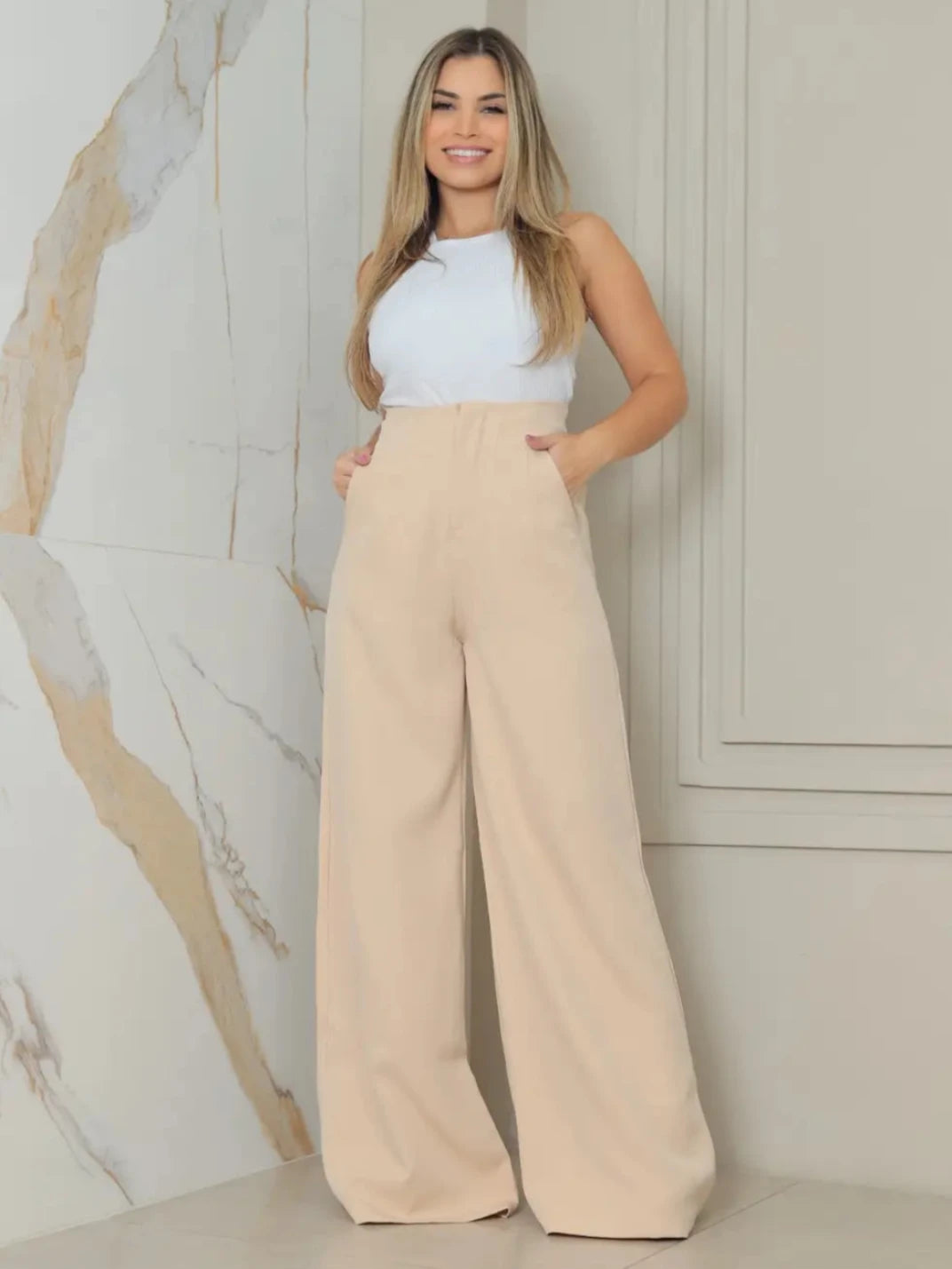 calça pantalona bege inverno