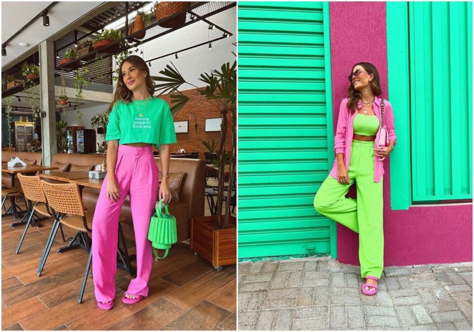 combinação verde e rosa moda