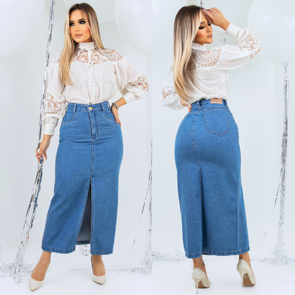 saia jeans longa com bota