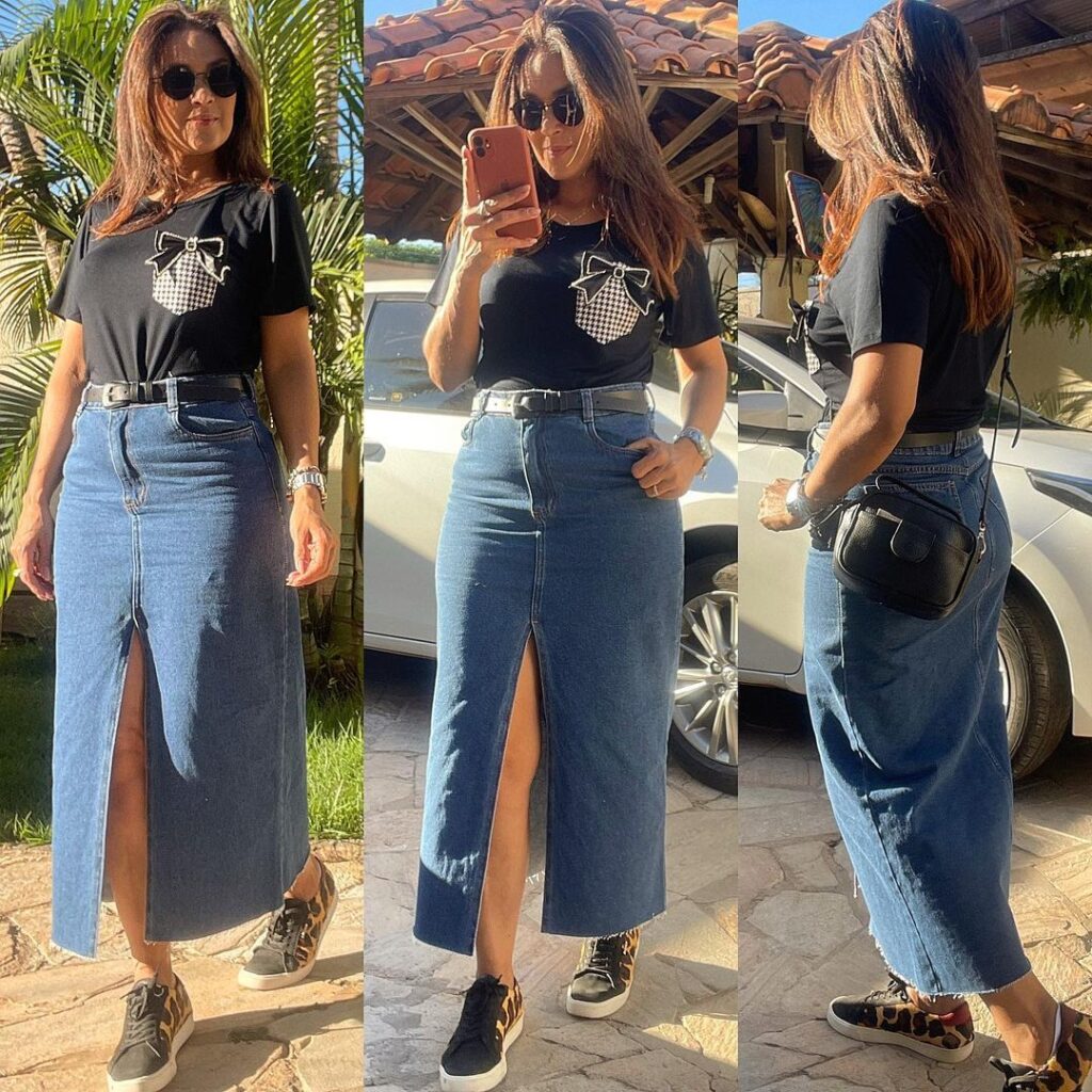 tendência saia jeans longa
