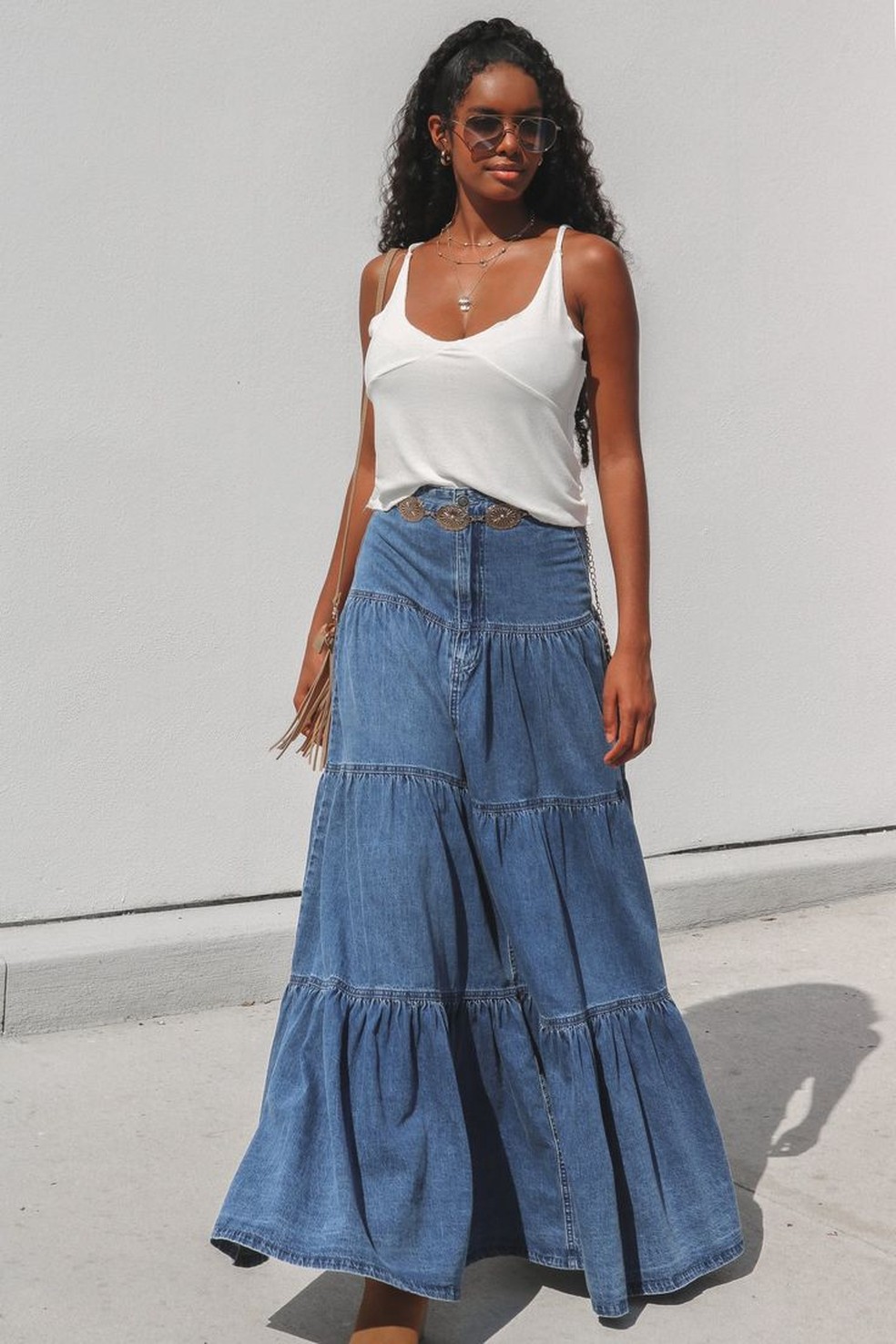 saia jeans longa com fenda