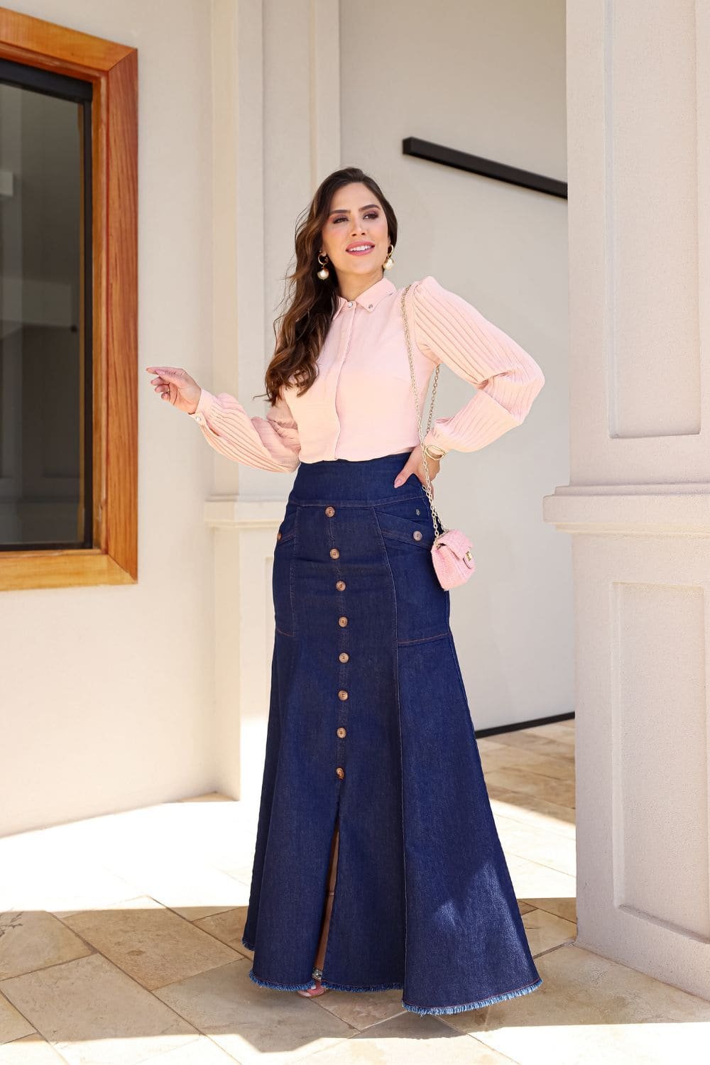saia jeans longa elegante