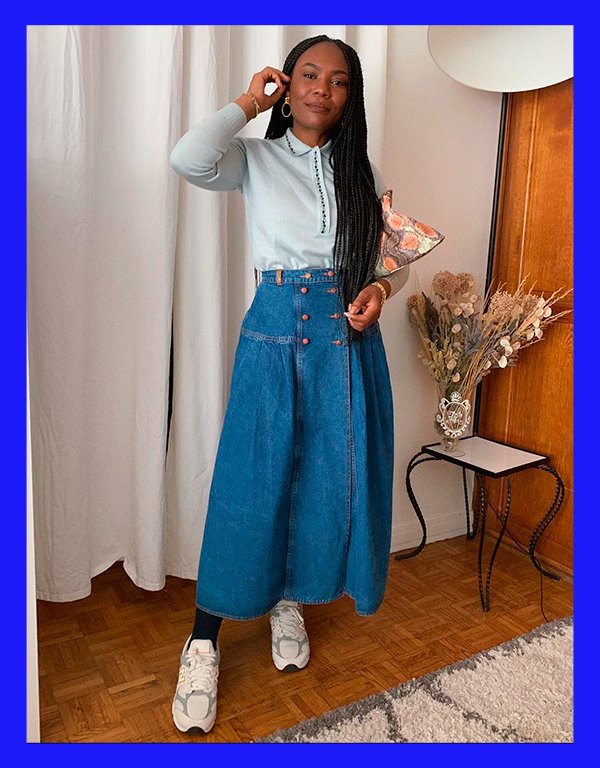 saia jeans longa com bota