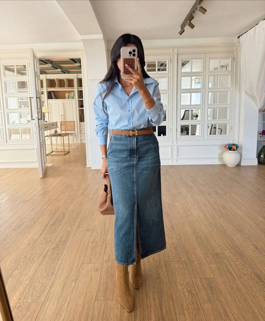 tendência saia jeans longa