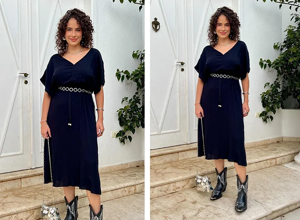 vestido midi com bota larga